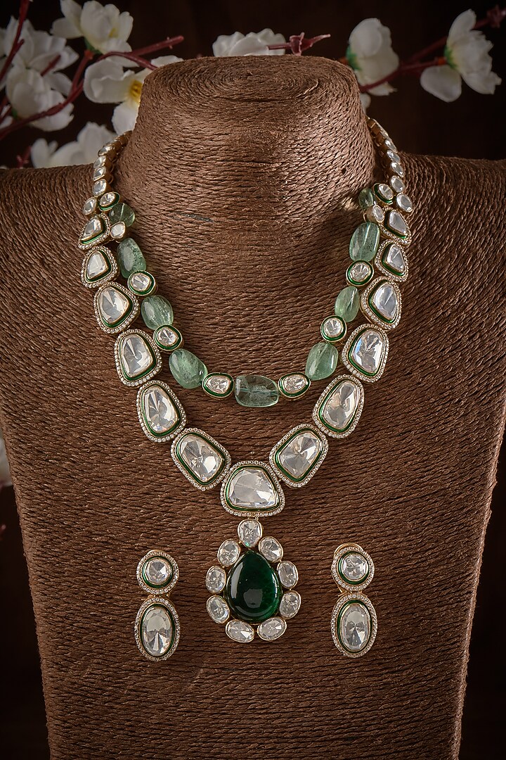 Gold Finish Kundan Polki & Green Stone Long Necklace Set In Sterling Silver by GBS Gehna at Pernia's Pop Up Shop