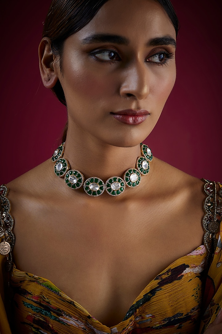 Gold Finish Blue Stone & Kundan Polki Choker Necklace In Sterling Silver by GBS Gehna