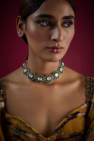 Gold Finish Blue Stone & Kundan Polki Choker Necklace In Sterling Silver by GBS Gehna