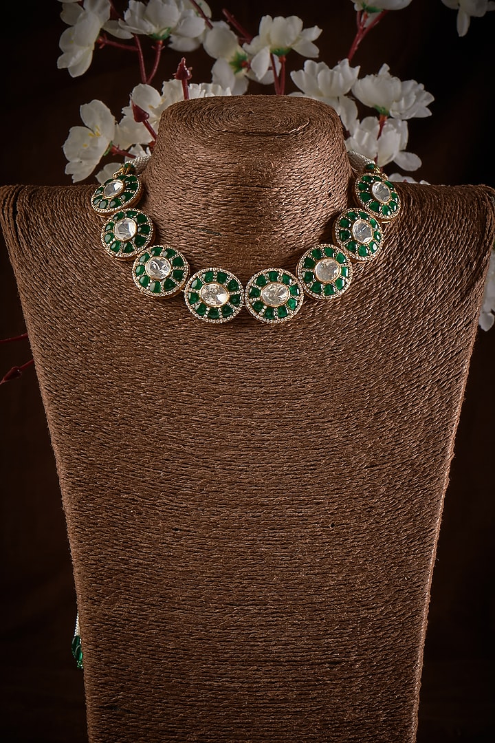 Gold Finish Blue Stone & Kundan Polki Choker Necklace In Sterling Silver by GBS Gehna at Pernia's Pop Up Shop
