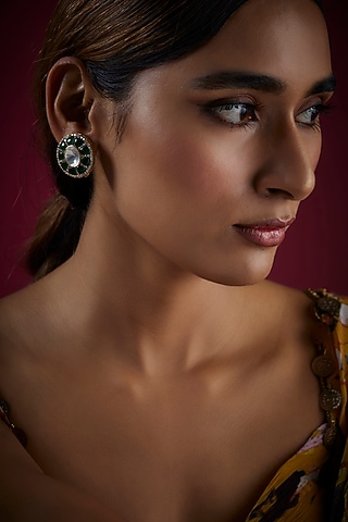 Gold Finish Kundan Polki Stud Earrings In Sterling Silver by GBS Gehna