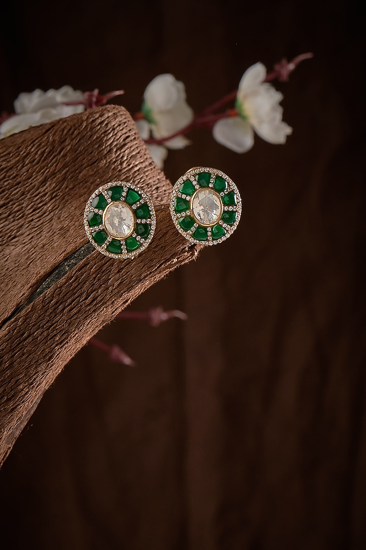 Gold Finish Kundan Polki Stud Earrings In Sterling Silver by GBS Gehna at Pernia's Pop Up Shop