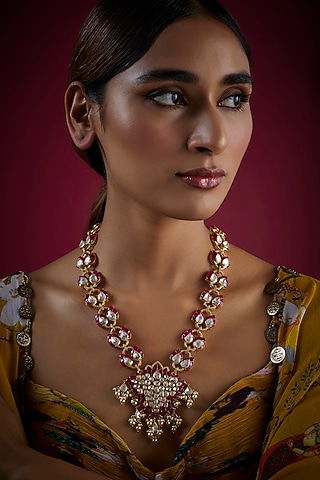 Gold Finish Kundan Polki Long Necklace In Sterling Silver by GBS Gehna
