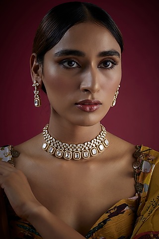 Gold Finish Kundan Polki Necklace Set In Sterling Silver by GBS Gehna