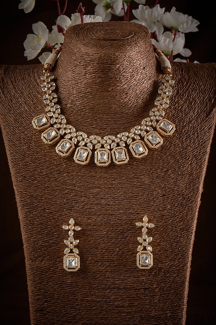 Gold Finish Kundan Polki Necklace Set In Sterling Silver by GBS Gehna at Pernia's Pop Up Shop