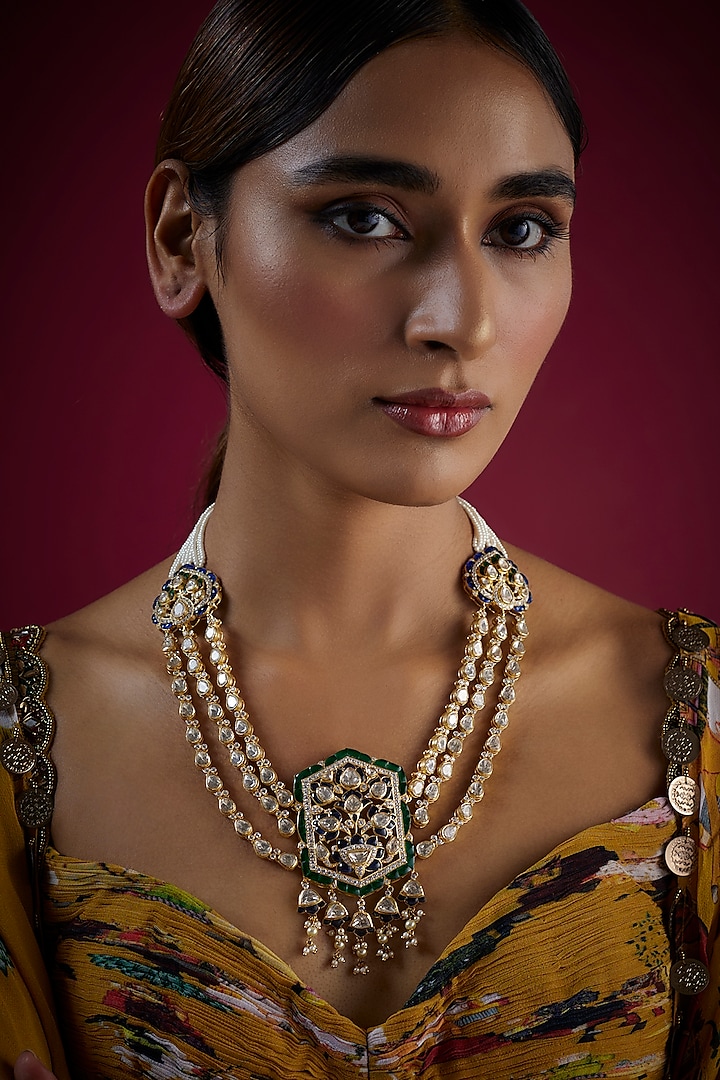 Gold Finish Kundan Polki Long Necklace In Sterling Silver by GBS Gehna
