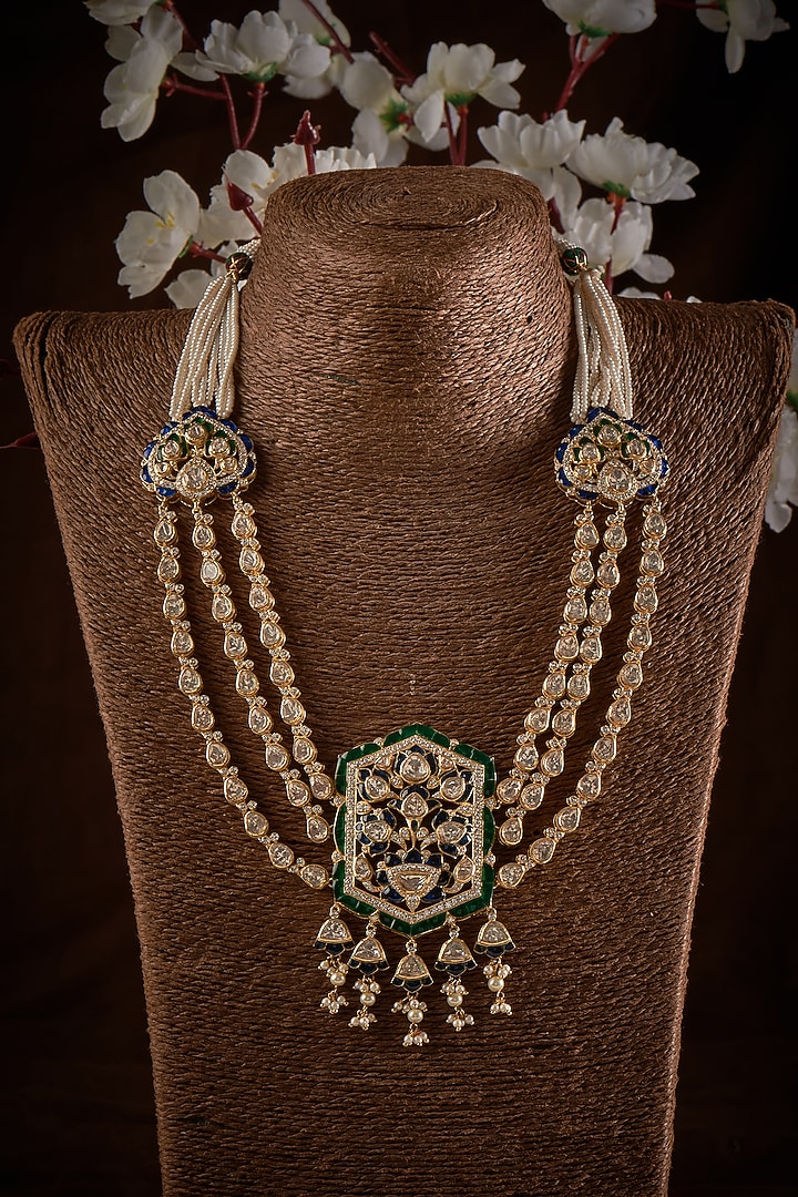 Gold Finish Kundan Polki Long Necklace In Sterling Silver by GBS Gehna at Pernia's Pop Up Shop