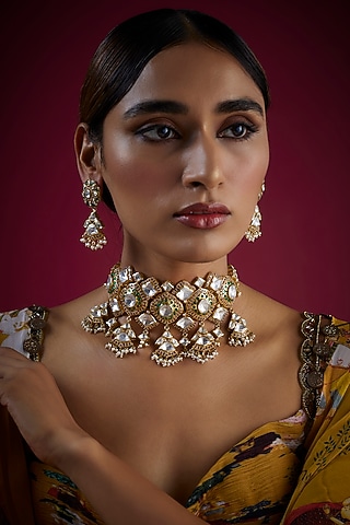 Gold Finish Green Stone & Kundan Polki Choker Necklace Set In Sterling Silver by GBS Gehna