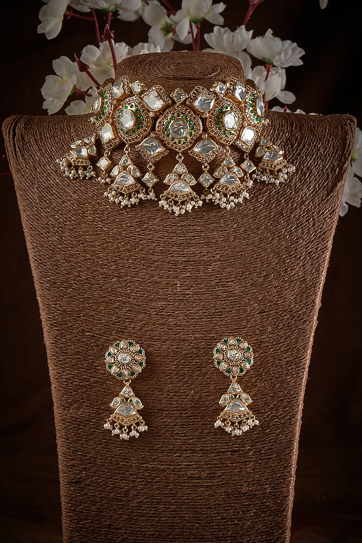 Gold Finish Green Stone & Kundan Polki Choker Necklace Set In Sterling Silver by GBS Gehna at Pernia's Pop Up Shop