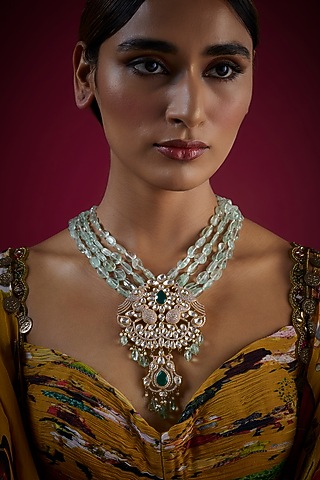 Gold Finish Kundan Polki Long Necklace In Sterling Silver by GBS Gehna