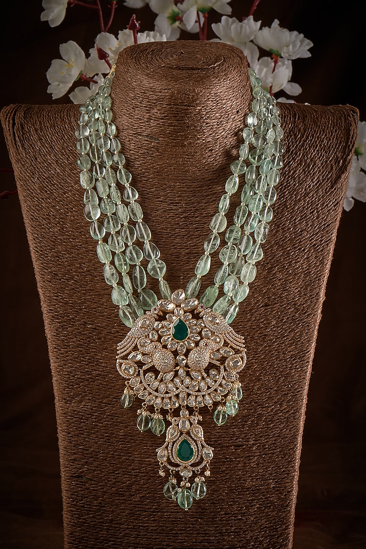 Gold Finish Kundan Polki Long Necklace In Sterling Silver by GBS Gehna at Pernia's Pop Up Shop