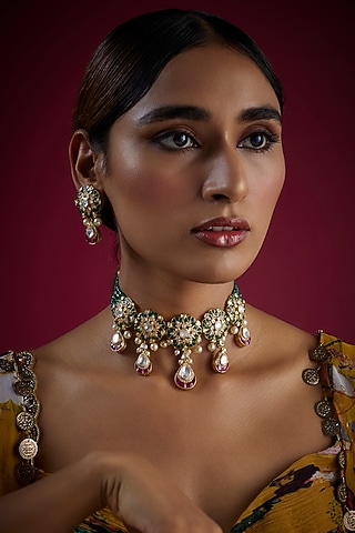 Gold Finish Kundan Polki Choker Necklace Set In Sterling Silver by GBS Gehna