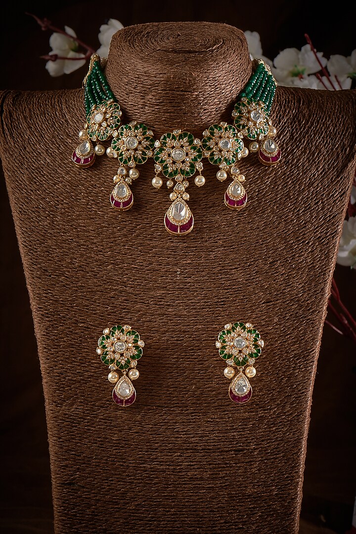 Gold Finish Kundan Polki Choker Necklace Set In Sterling Silver by GBS Gehna at Pernia's Pop Up Shop