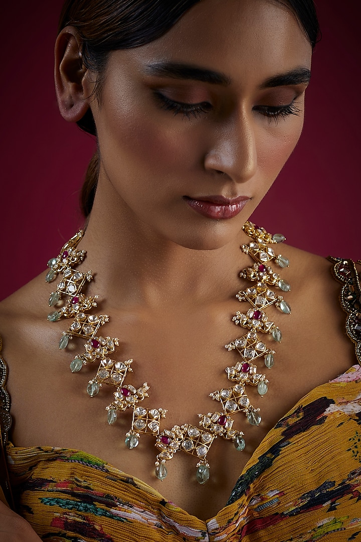 Gold Finish Kundan Polki Long Necklace In Sterling Silver by GBS Gehna