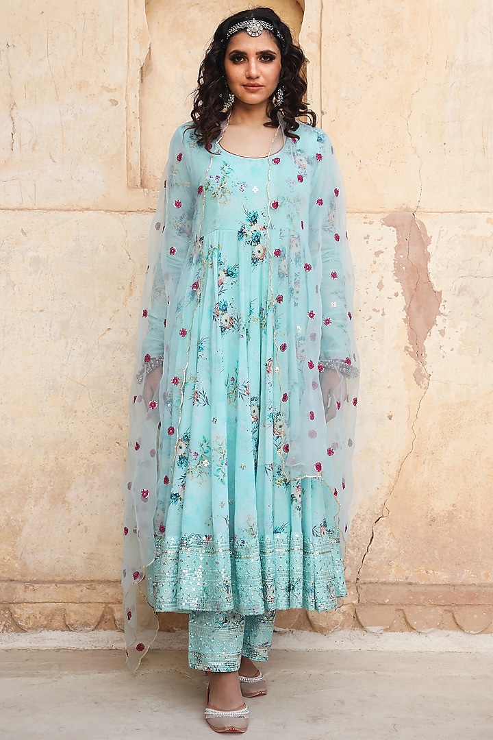Blue Floral Printed Party Wear Anarkali Set by GulaboJaipur by Saloni Panwar at Pernia's Pop Up Shop