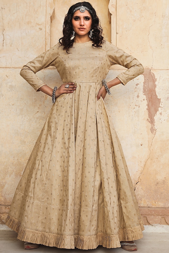 Beige Floral Embroidered Gown by GulaboJaipur by Saloni Panwar at Pernia's Pop Up Shop