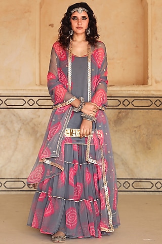 Grey Georgette Sharara Set by GulaboJaipur by Saloni Panwar