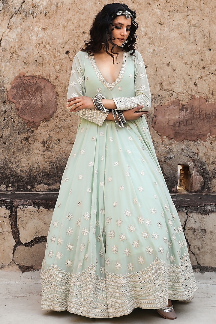 Sky Blue Mirror Embroidered Gown by GulaboJaipur by Saloni Panwar at Pernia's Pop Up Shop