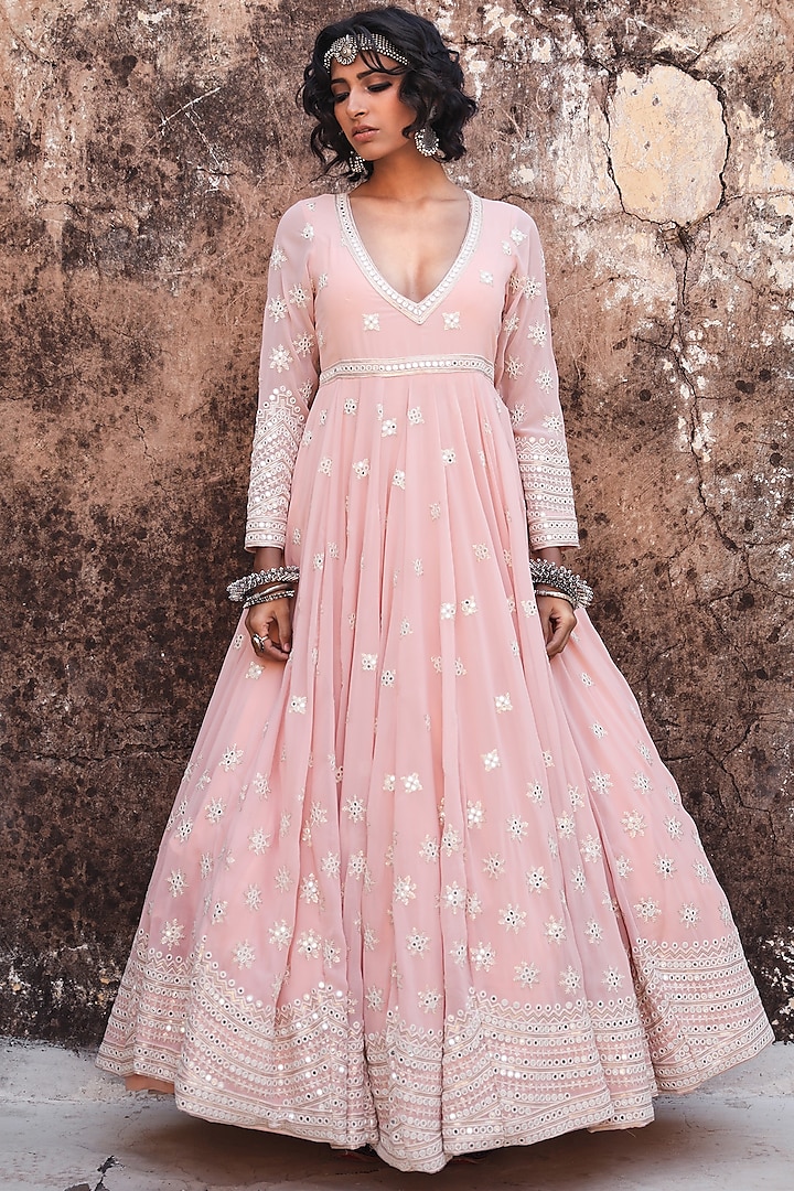 Peach Mirror Embroidered Gown by GulaboJaipur by Saloni Panwar at Pernia's Pop Up Shop