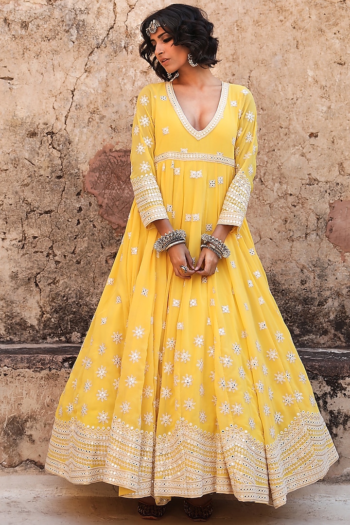 Yellow Mirror Embroidered Gown by GulaboJaipur by Saloni Panwar at Pernia's Pop Up Shop