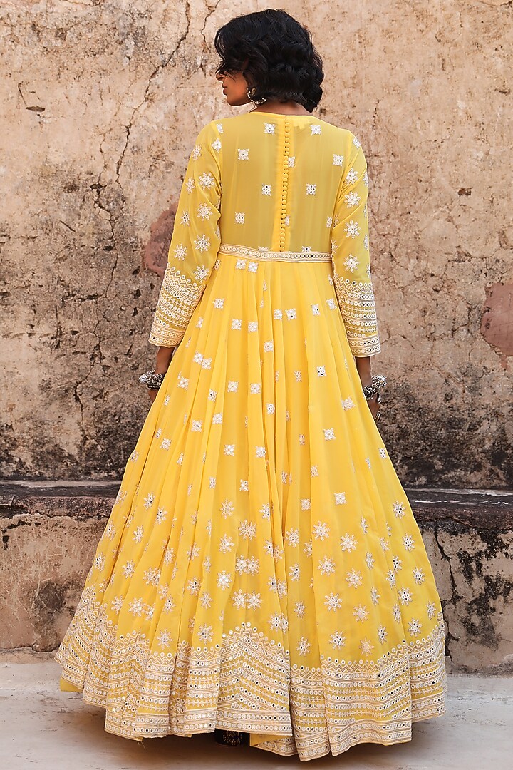 Yellow Mirror Embroidered Engagement Gown by GulaboJaipur by Saloni Panwar at Pernia's Pop Up Shop