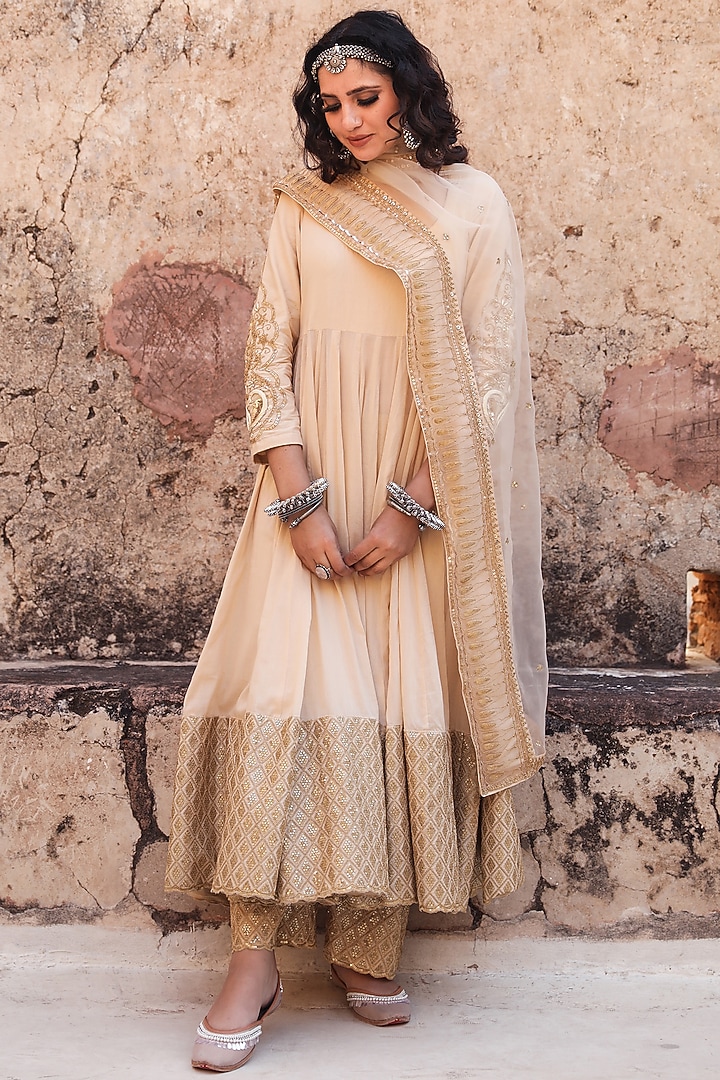 Dull Golden Embroidered Party Wear Anarkali Set by GulaboJaipur by Saloni Panwar at Pernia's Pop Up Shop