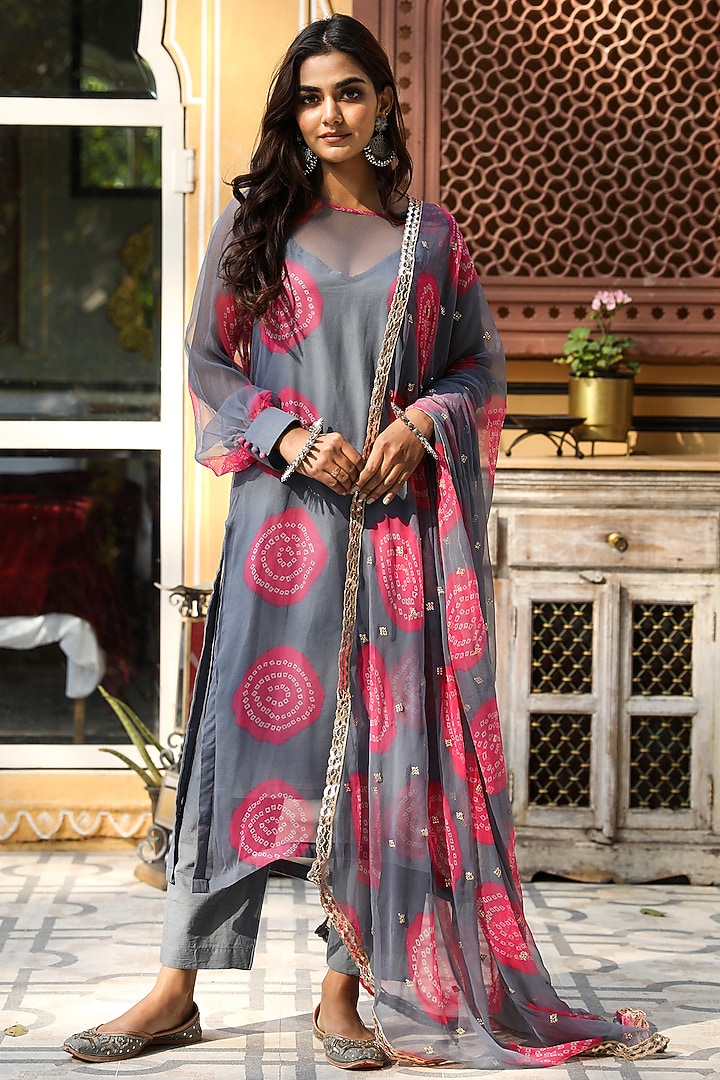 Grey Hand Embroidered Kurta Set by GulaboJaipur by Saloni Panwar at Pernia's Pop Up Shop