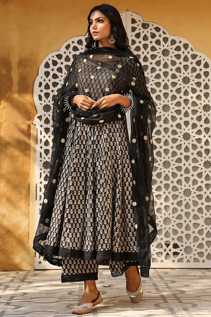 Black Block Printed Anarkali Set by GulaboJaipur by Saloni Panwar at Pernia's Pop Up Shop