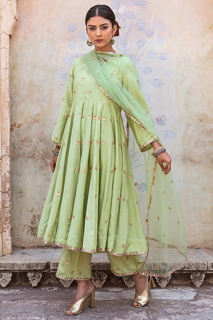Pista Green Muslin Hand Embroidered Wedding Anarkali Set by GulaboJaipur by Saloni Panwar at Pernia's Pop Up Shop