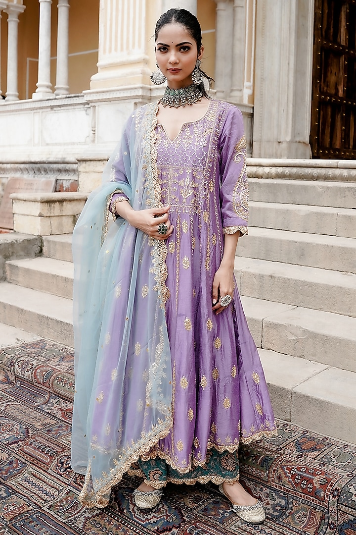 Purple Chanderi Gota Patti Work Anarkali Set by GulaboJaipur by Saloni Panwar