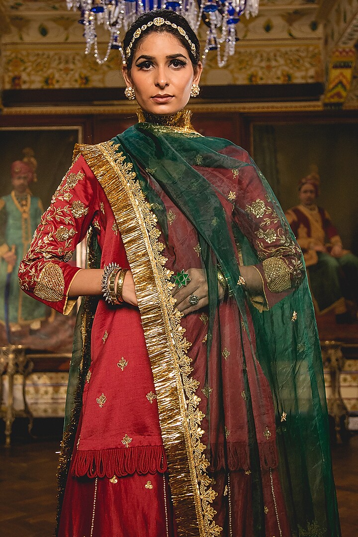 Maroon Chanderi Gota Patti Work Bridal Sharara Set by GulaboJaipur by Saloni Panwar at Pernia's Pop Up Shop