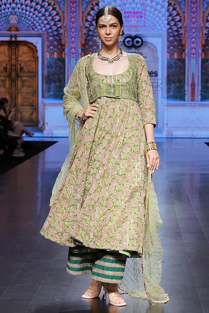 Green Cotton Printed Jacket Anarkali Set by GulaboJaipur by Saloni Panwar