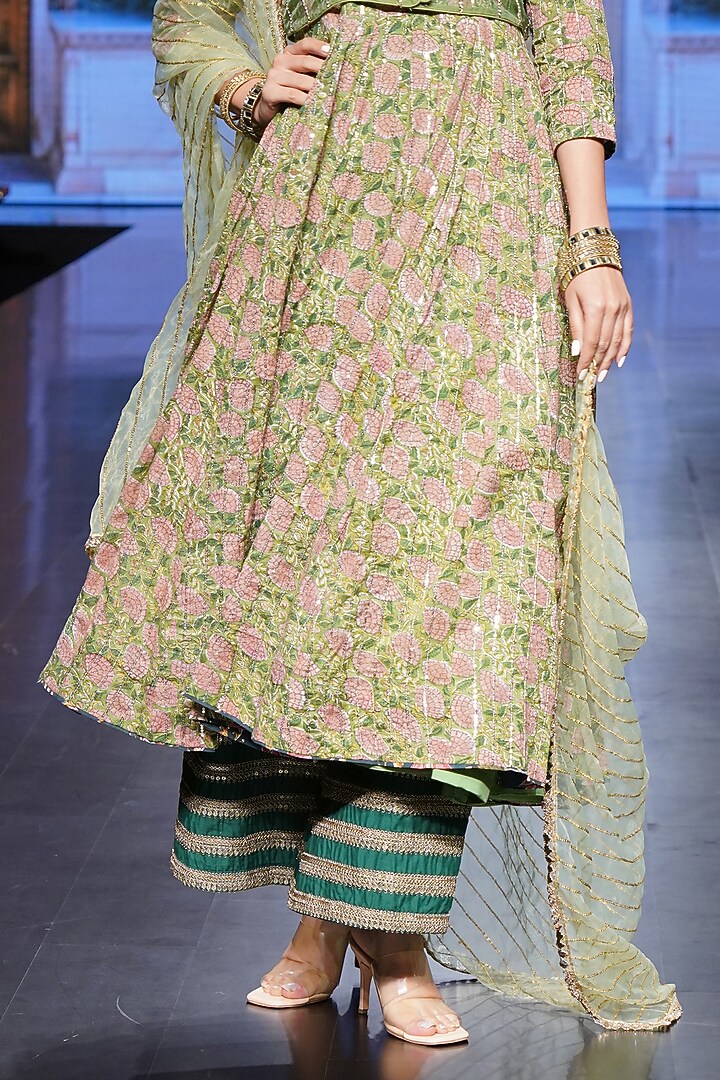 Green Cotton Printed Jacket Wedding Anarkali Set by GulaboJaipur by Saloni Panwar at Pernia's Pop Up Shop