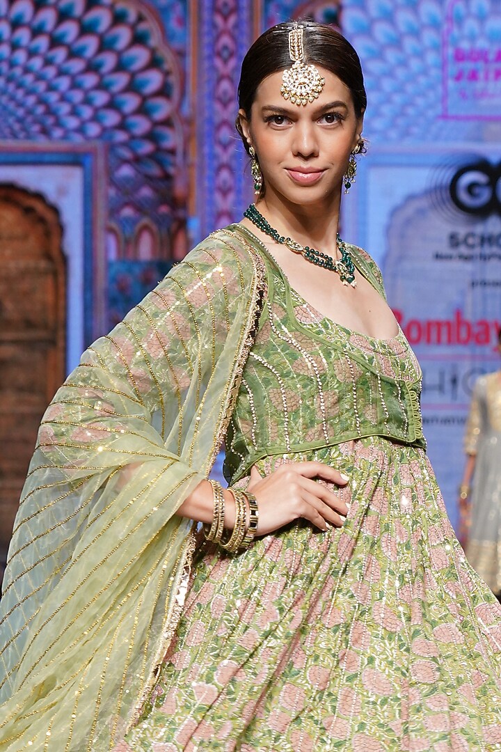 Green Cotton Printed Jacket Wedding Anarkali Set by GulaboJaipur by Saloni Panwar at Pernia's Pop Up Shop