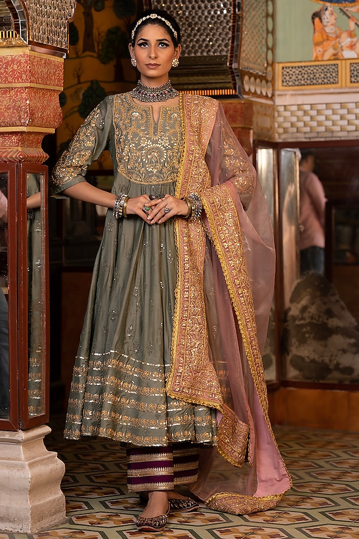 Grey Chanderi Gota Patti Work Anarkali Set by GulaboJaipur by Saloni Panwar