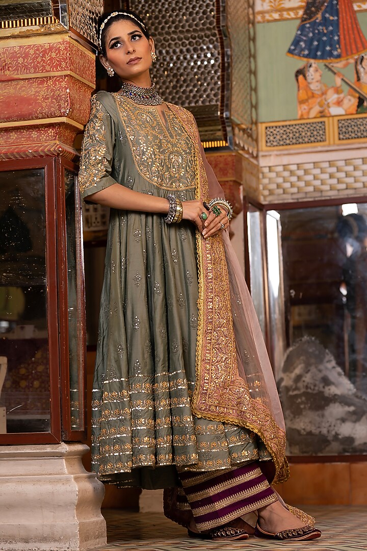 Grey Chanderi Gota Patti Work Bridal Anarkali Set by GulaboJaipur by Saloni Panwar at Pernia's Pop Up Shop