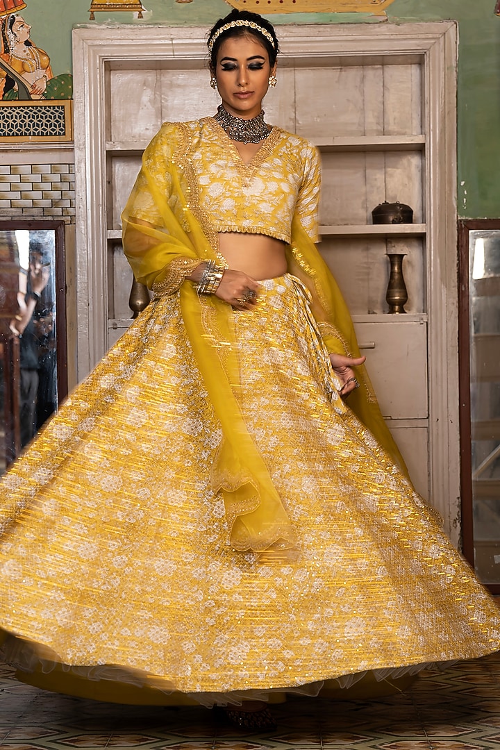 Yellow Cotton Block Printed Wedding Lehenga Set by GulaboJaipur by Saloni Panwar at Pernia's Pop Up Shop