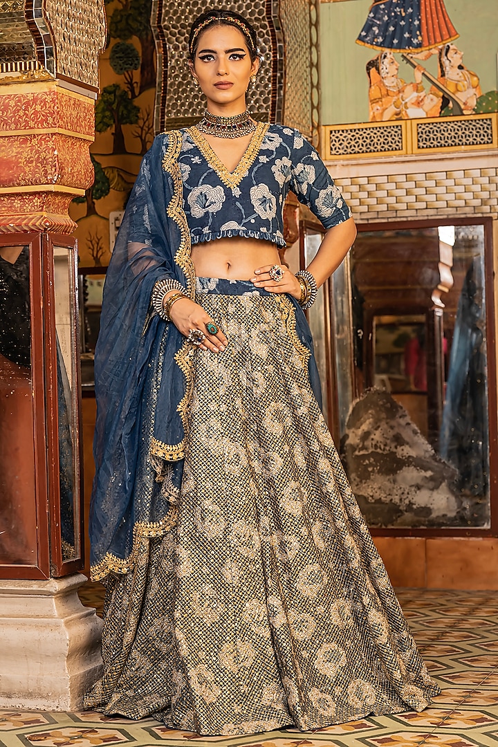 Indigo Blue Cotton Block Printed Lehenga Set by GulaboJaipur by Saloni Panwar