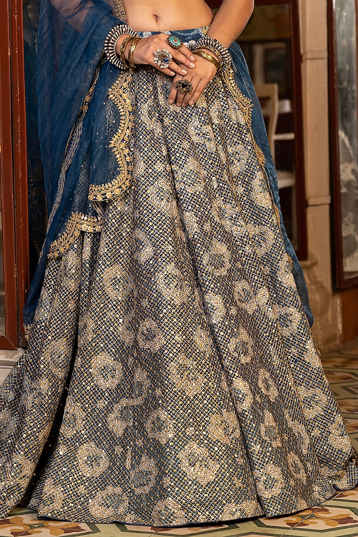 Indigo Blue Cotton Block Printed Wedding Lehenga Set by GulaboJaipur by Saloni Panwar at Pernia's Pop Up Shop