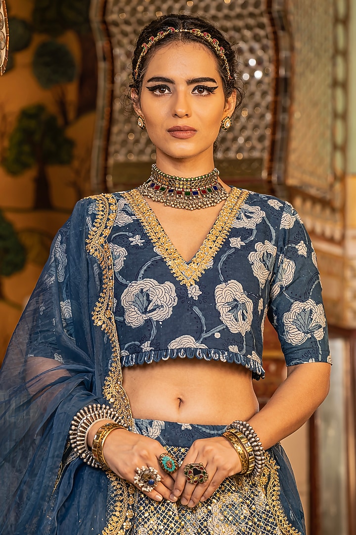 Indigo Blue Cotton Block Printed Wedding Lehenga Set by GulaboJaipur by Saloni Panwar at Pernia's Pop Up Shop