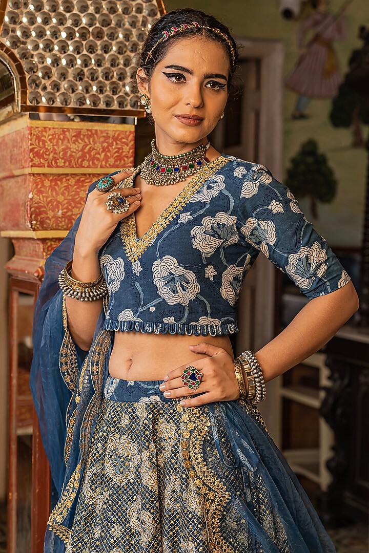 Indigo Blue Cotton Block Printed Wedding Lehenga Set by GulaboJaipur by Saloni Panwar at Pernia's Pop Up Shop