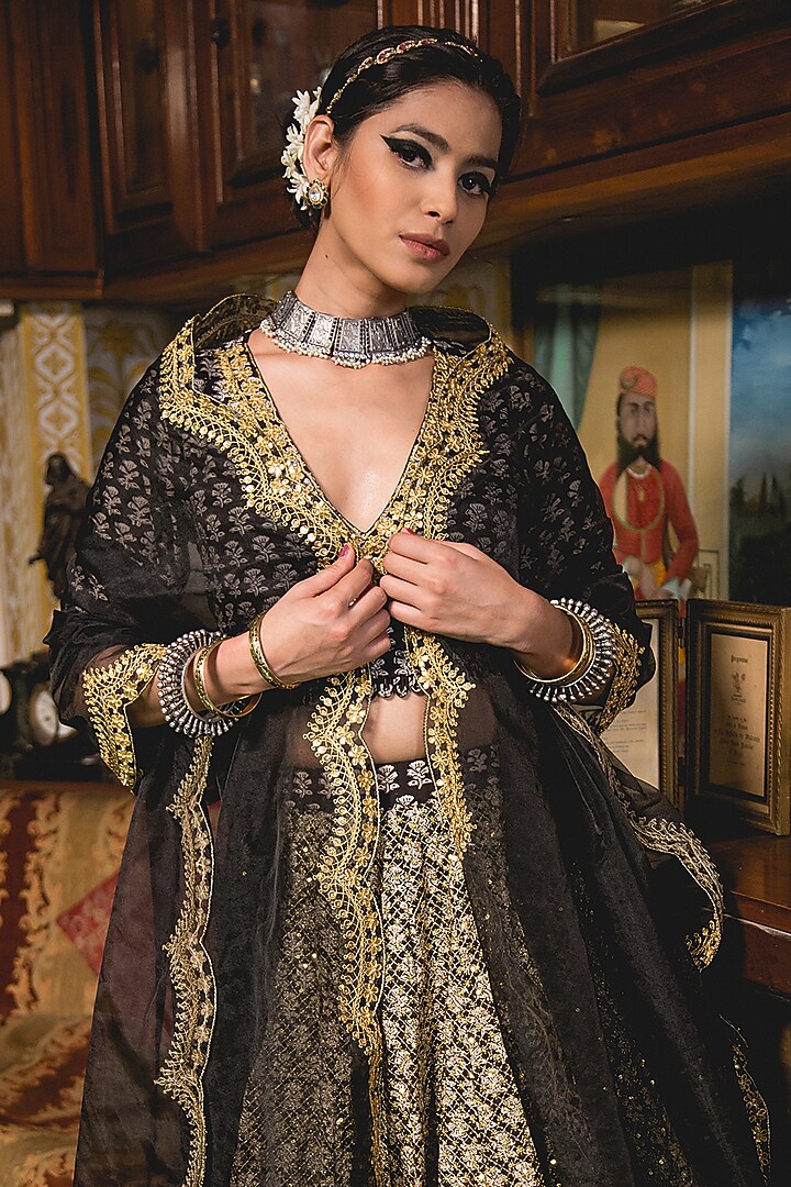 Black Cotton Block Printed Wedding Lehenga Set by GulaboJaipur by Saloni Panwar at Pernia's Pop Up Shop