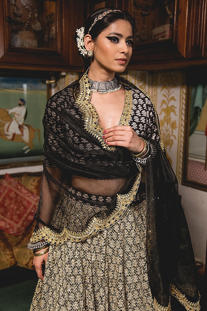 Black Cotton Block Printed Wedding Lehenga Set by GulaboJaipur by Saloni Panwar at Pernia's Pop Up Shop