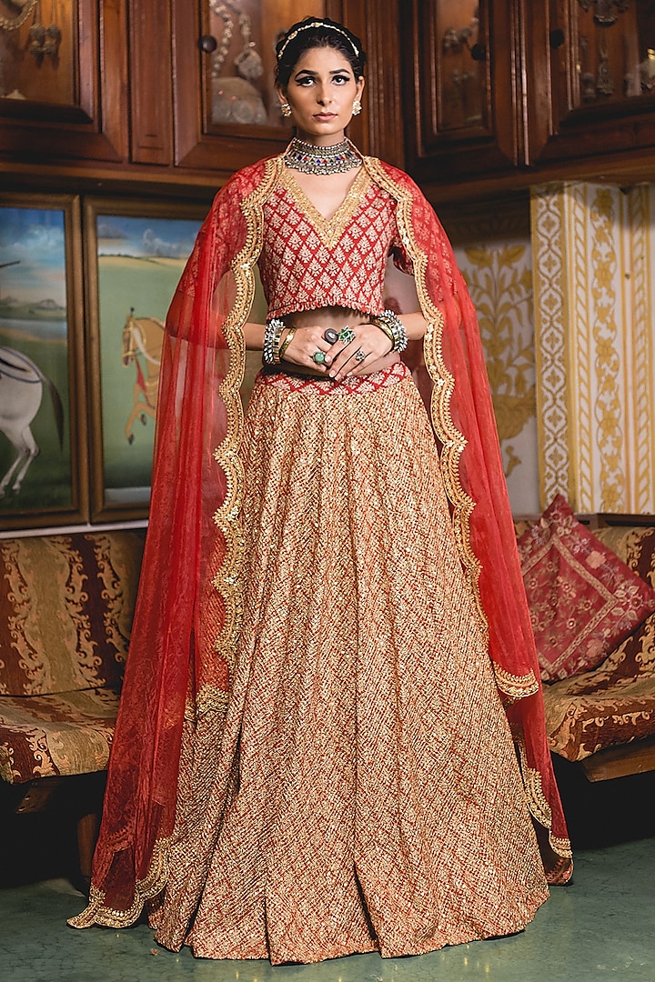 Red Cotton Block Printed Lehenga Set by GulaboJaipur by Saloni Panwar