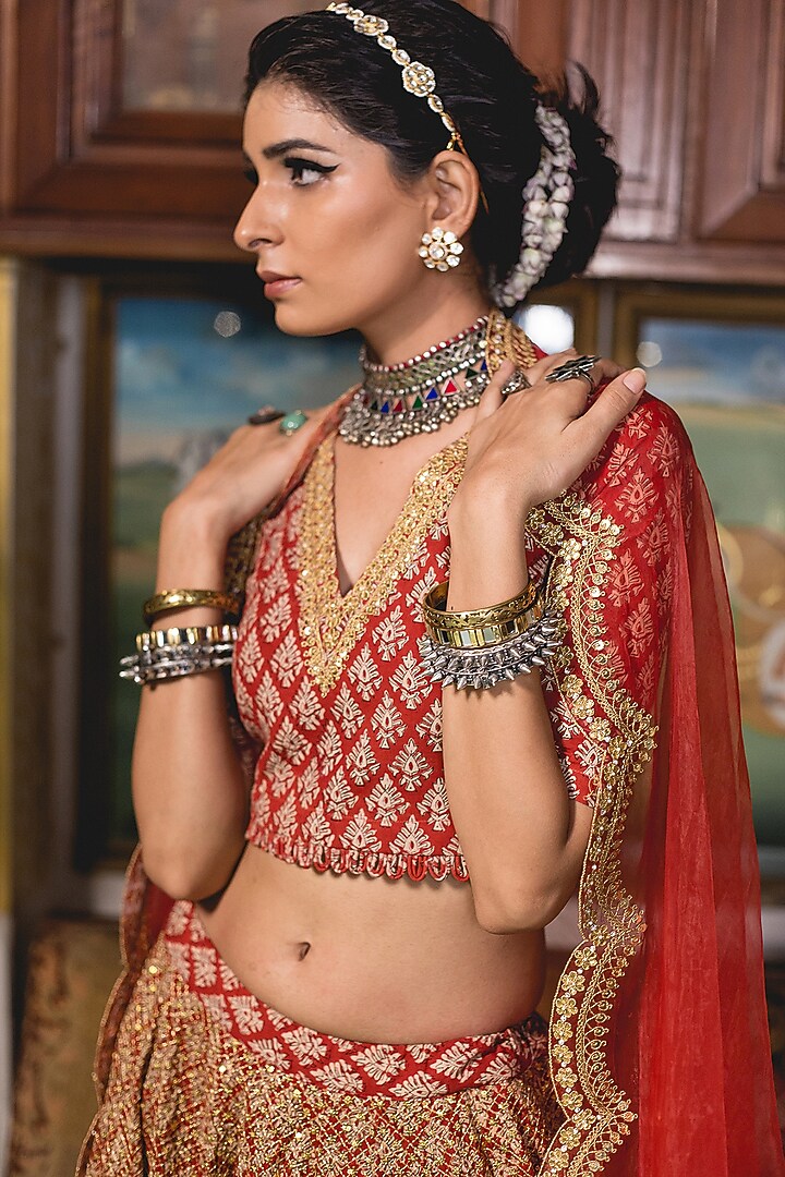 Red Cotton Block Printed Wedding Lehenga Set by GulaboJaipur by Saloni Panwar at Pernia's Pop Up Shop