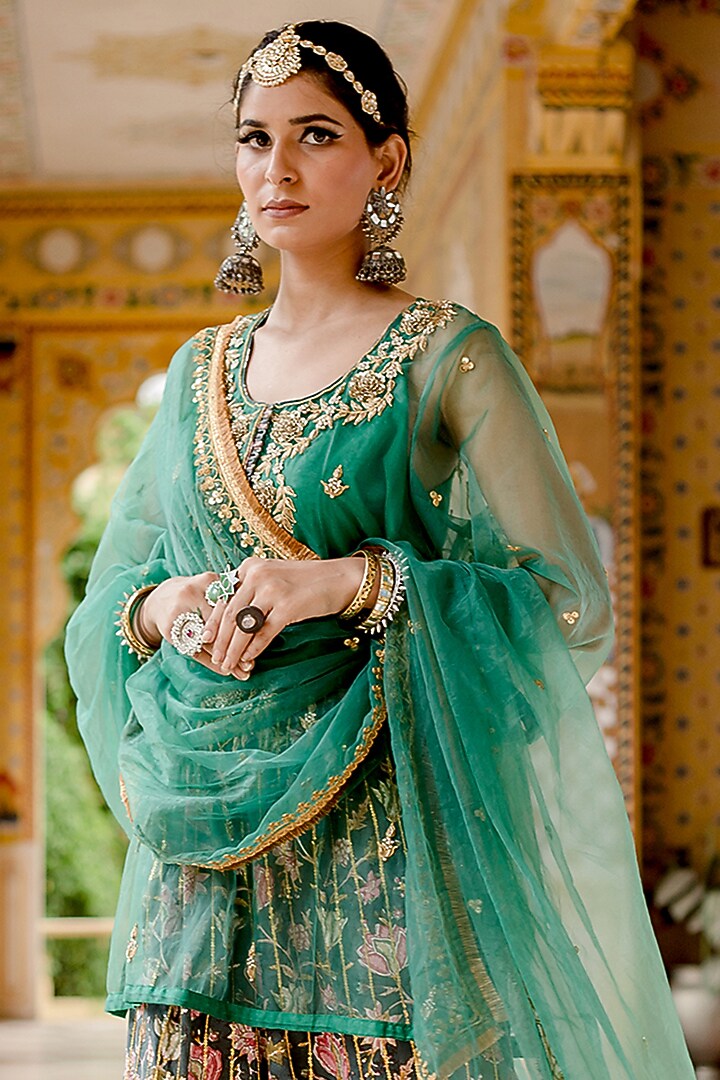Green Cotton Printed Wedding Sharara Set by GulaboJaipur by Saloni Panwar at Pernia's Pop Up Shop