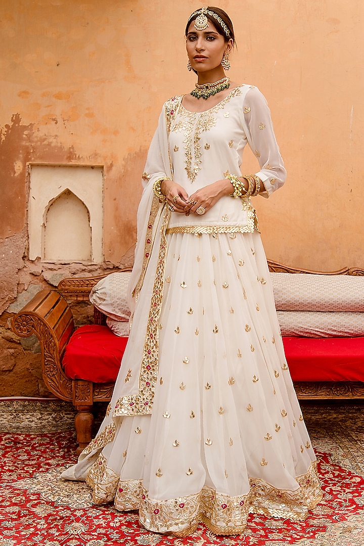 White Georgette Kachi Patti Work Lehenga Set by GulaboJaipur by Saloni Panwar