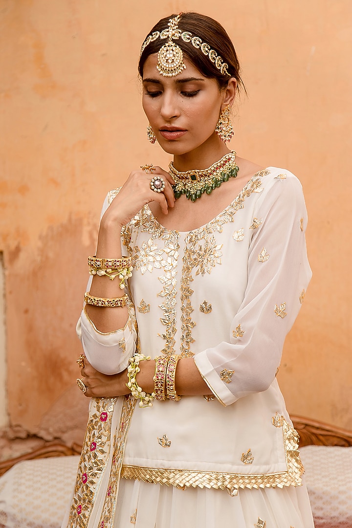 White Georgette Kachi Patti Work Wedding Lehenga Set by GulaboJaipur by Saloni Panwar at Pernia's Pop Up Shop