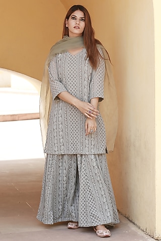 Grey Georgette Sharara Set by GulaboJaipur by Saloni Panwar