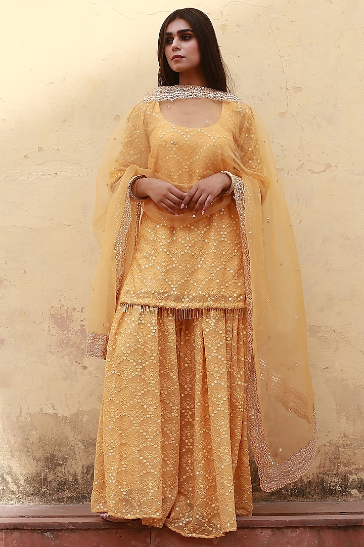 Dandelion Yellow Georgette & Organza Sharara Set by GulaboJaipur by Saloni Panwar